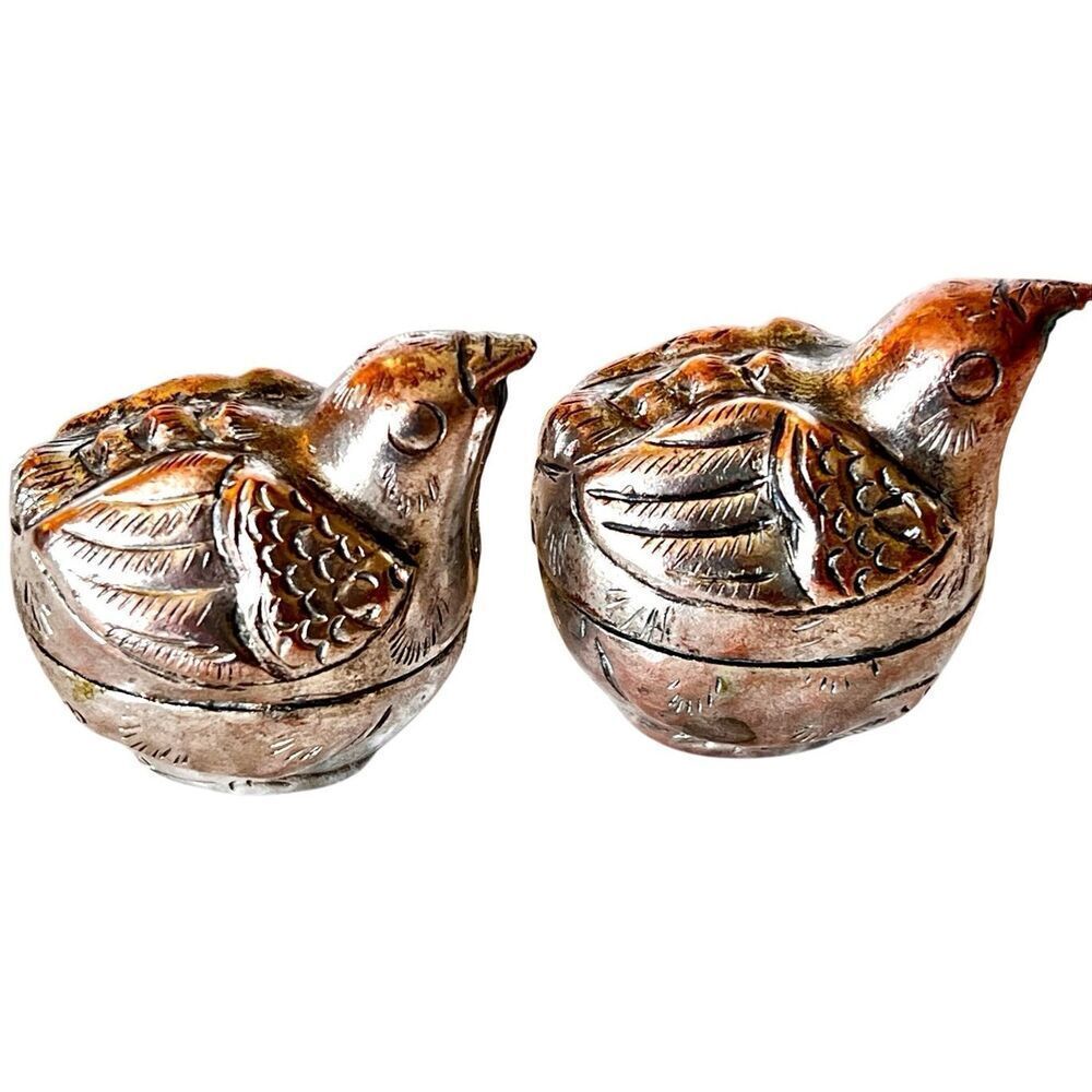 2 Vintage Khmer Betel Nut Quail Bird Box Silver Plated Southeast Asian Box